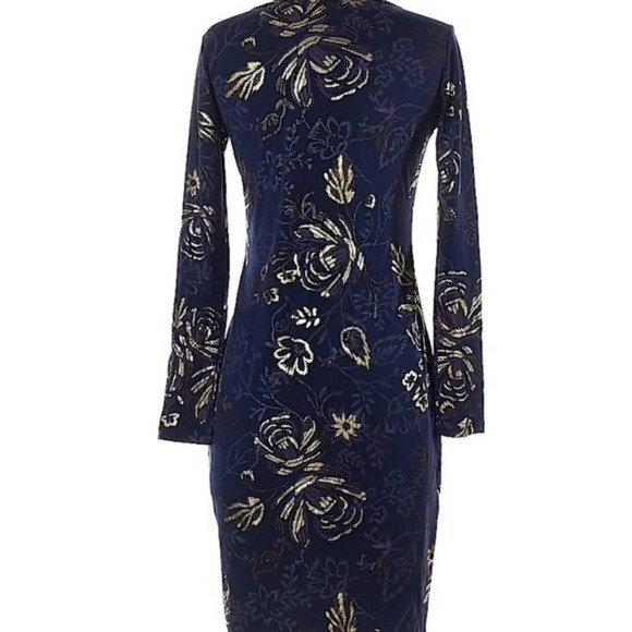 Lularoe Elegant Debbie Gold Metallic Floral Print Pencil Sheath Dress Blue Small - Picture 10 of 10